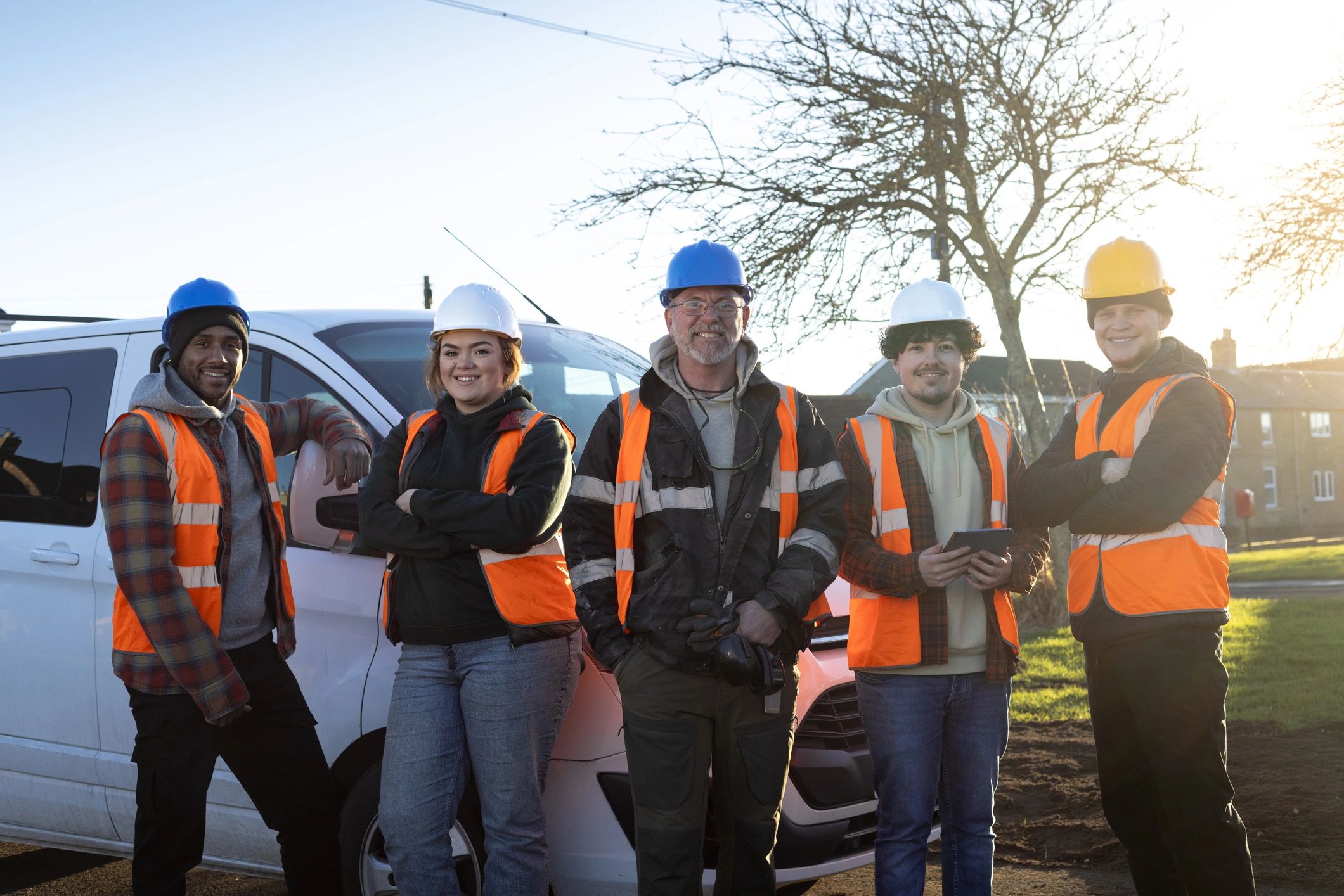 Professional home improvement crew outdoors