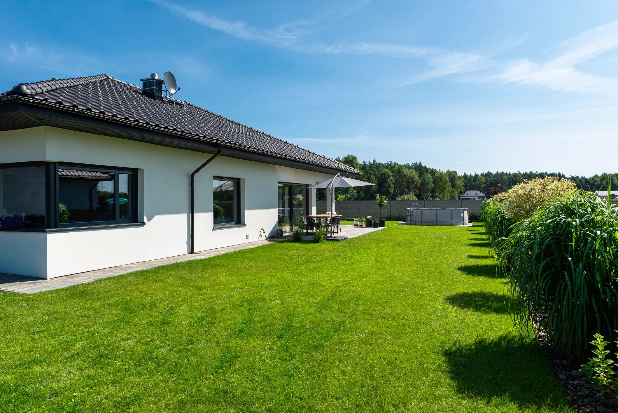 Backyard patio and landscaped home exterior