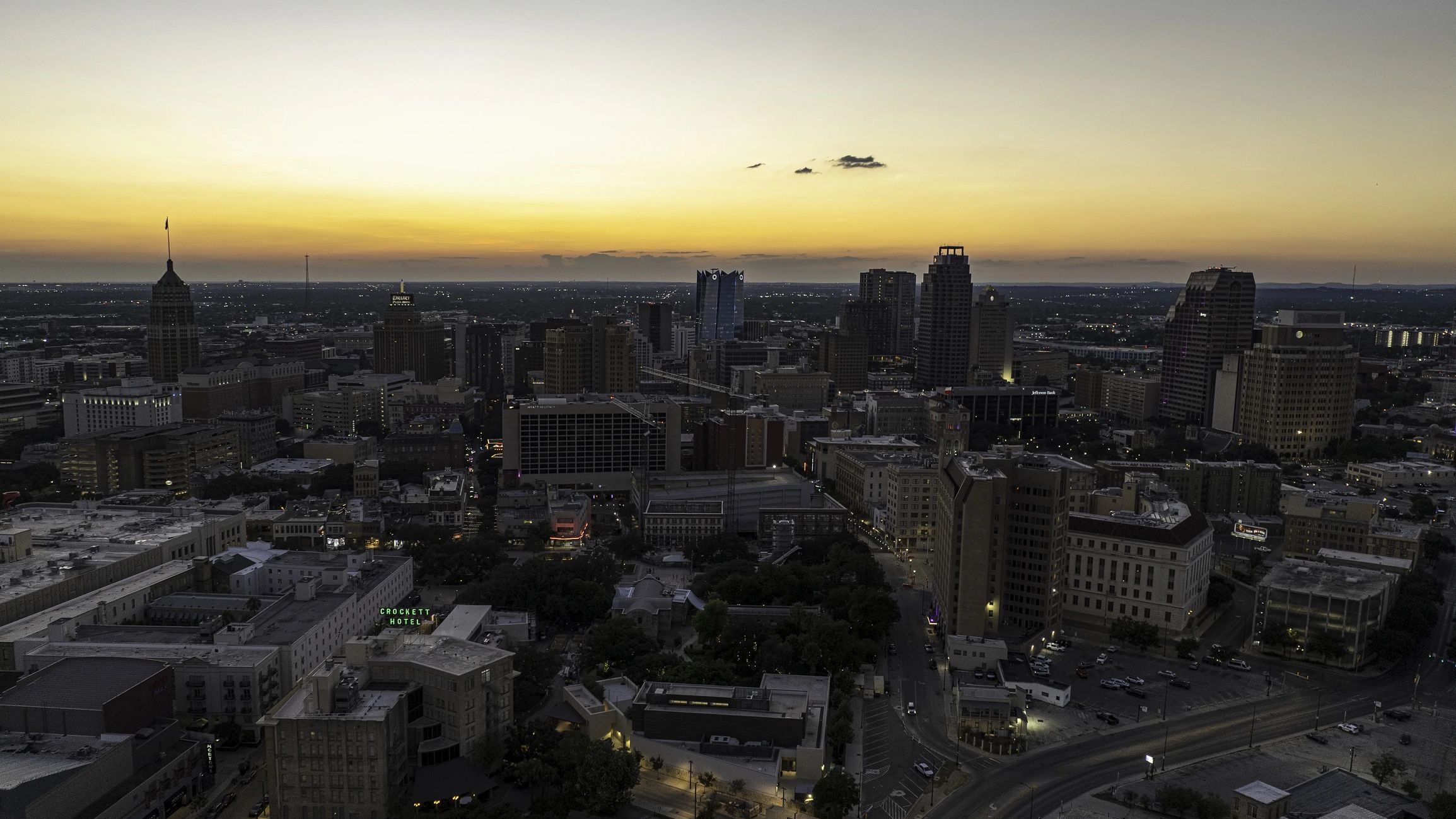Aerial view of downtown San Antonio, Texas at sunset