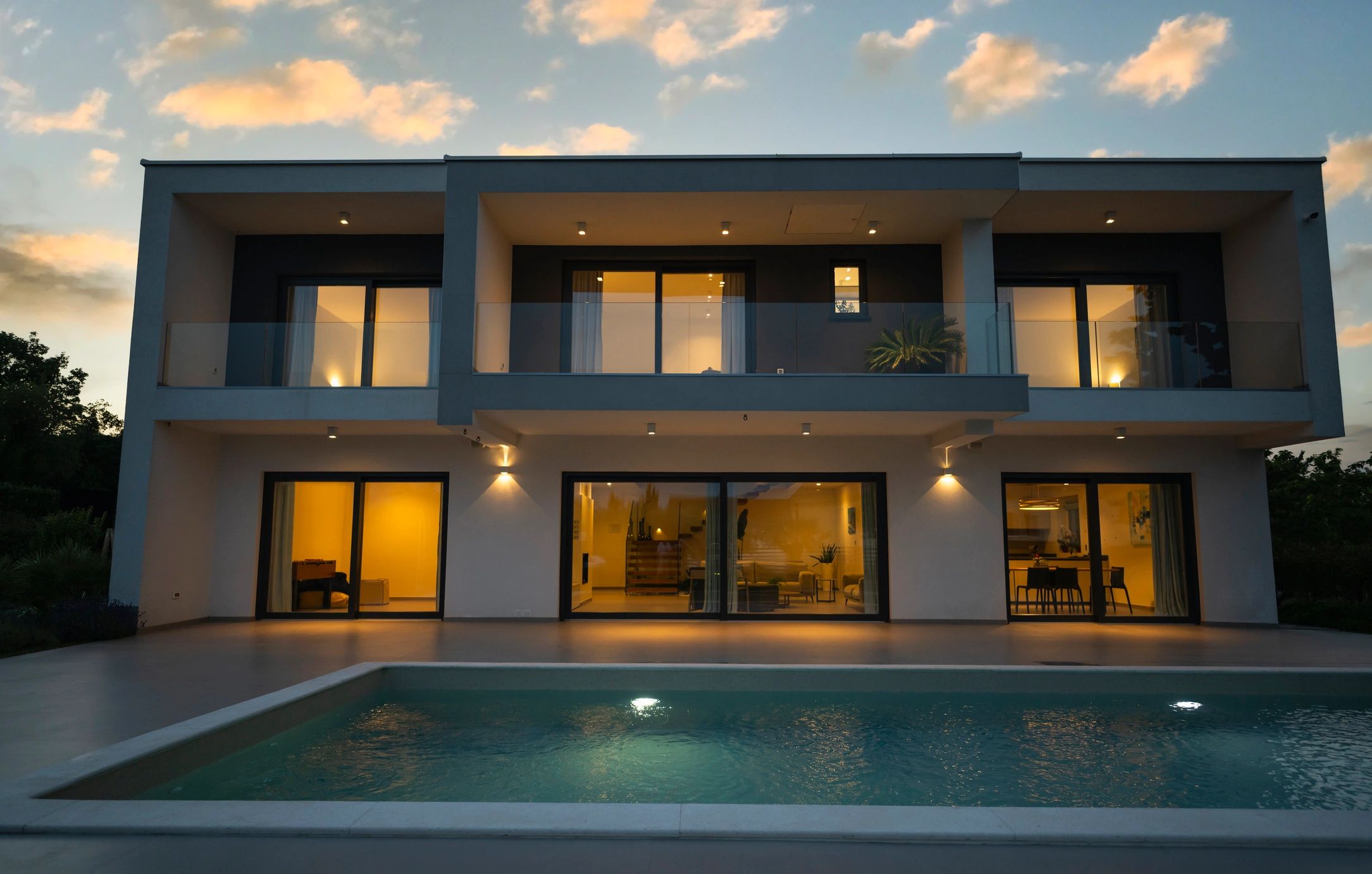 Modern home exterior with illuminated outdoor area